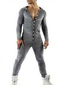 Casual Men Bodysuit, Long Sleeve Rabbit Ears Hooded Button Collar Long Trousers Openable Hip For Autumn - Light Grey - View 3