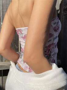 Women's Ruched Front Tube Tops Summer Strapless Floral Print Bandeau Tops Slim Fit Shirts