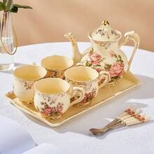 Elfenbensrosa ros kaffemugg vintageblomma keramisk teservis, perfekt för köket, tebjudningspresenter, presentidéer för samling tillbaka till skolan