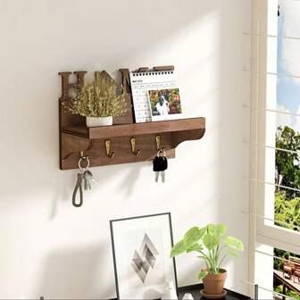 Wall Mounted Rustic Wooden Key Holder With Easy Installation - Decorative Key Hooks And Entryway Organizer For Mail, Letters, Umbrellas, Wallets, And Small Accessories - Durable Handmade Style For Hallway, Apartment, Home Decor, Compact Space-Saving Solution With Modern Rustic Farmhouse And Coastal Vibes, No-Drill Mounting, Keepsake Tray For Keys, Post, And Quick-Grab Essentials - Ideal Gift For Housewarming, Spring Cleaning, And Everyday Organization