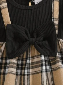 女婴时尚优雅领泡泡袖拼接二合一罗纹吊带格纹蝴蝶结连体裤带头带，夏季