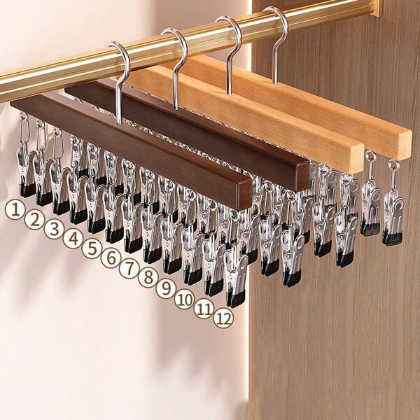 1pc 12 Clips Wooden Hat Hanger, Clothes Drying Rack For Underwear, Ties, Camisoles, Scarves, Belts, Household Storage Organizer For Bathroom, Bedroom, Closet, Wardrobe, Home, Dorm,Spring,Minimalist,Summer Tops