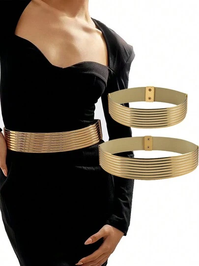1件装女士金色PVC长款束腰带，复古休闲弹力宽腰带，带亮片装饰，轻盈舒适，非纺织塑料材质，适用于婚礼、派对、海滩、日常、运动、大学、夜生活、节日等场合 - 均码