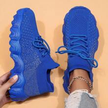 Women's Simple Plain Lace-Up Low Top Sock Sneakers, Summer 2024 Casual Comfortable Breathable Lightweight Sports Running Shoes - 寶藍色 - 查看 2