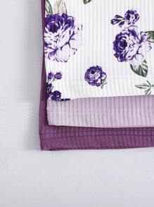 3pcs Girls Floral Print & Solid Ribbed Camisole Top Set, Comfortable