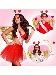 1/2 件丘比特服装套装，包括翅膀和弓箭，红色/金色，角色扮演配件，情人节摄影道具
