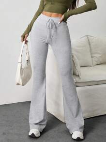 1pc Fashion Minimalist High Waist Slimming Drawstring Casual Comfortable Solid Color Flare Workout Maxi Pants, Spring/Summer