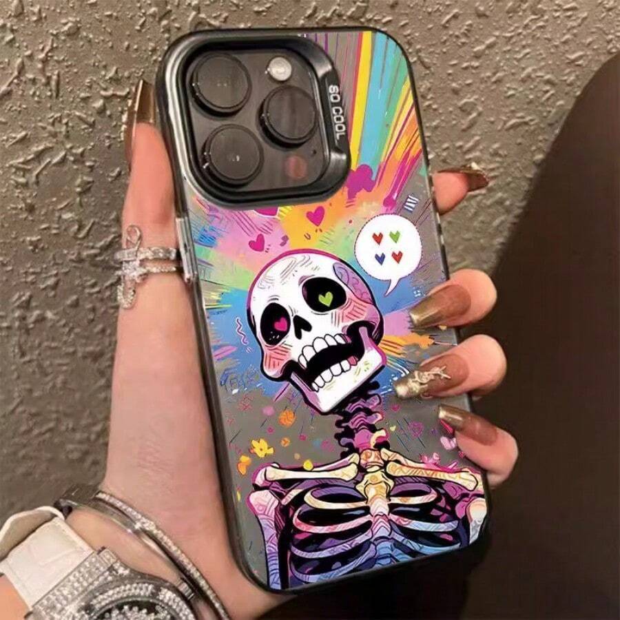 Love Skull Personality Unisex Matte Texture Mobile Phone Case Suitable For IPhone 16 15 14 13 12ProMAX Soft Edge Anti-Drop Protection Gifts For Family, Friends, Kids, Birthday,Spring, Holiday, Boyfriends, Girlfriends, Valentine's Day - Moonlight Black-fL Color Love Skull - View 1
