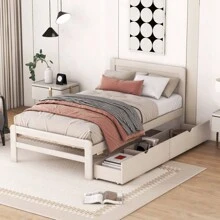 Modern Design Twin Size Platform Bed Frame With 2 Drawers For White Washed Color - Multicolor - View 3