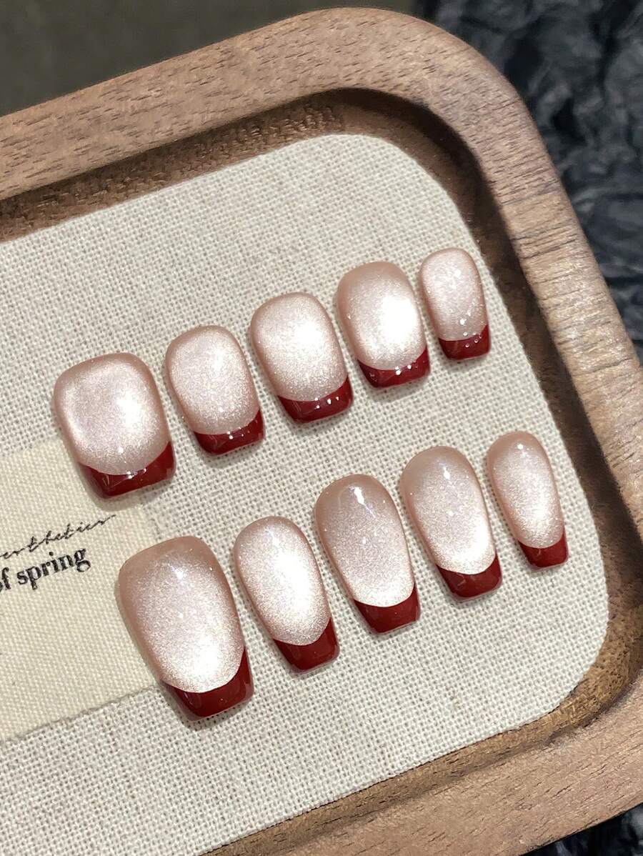 YADORNOS 10Pcs Retro Burgundy French Cat Eye Handmade Nails, Simple Valentine's Day Nails, New Year's Nails, Acrylic Press On Nails, Long Coffin Fake Nails, DIY Nail Supplies, Reusable, With Jelly Glue And Nail File Daily Festival Back To School Beach Essential - Red - View 1