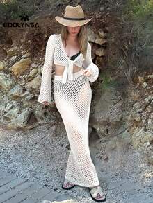 性感针织镂空两件套泳衣罩衫 2025 夏季女士喇叭袖腰系带上衣长裙套装俱乐部沙滩裙 - 白色 - 查看 3