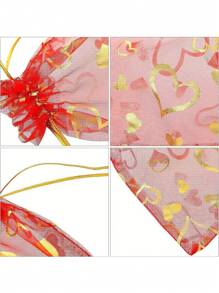 120/60/30/6件红色心形欧根纱束口袋，节日惊喜礼品袋，婚礼回礼袋，伴娘礼物，宾客回礼，珠宝收纳袋，沐浴派对回礼，单身派对礼物，糖果礼品网眼束口袋，适用于节日、婚礼、浪漫惊喜 - 紅色鏤空愛心網袋 - 查看 8