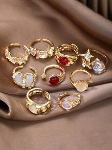 9Pcs Y2K Crystal Rings Kpop Heart Adjustable Ring Asymmetric Geometry Punk Vintage Rings Set For Women Girls New Fashion Jewelry