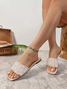 Fashionable Women's High-End Rhinestone Decorated Flat Sandals, Comfortable Slip-On Design, Outdoor Shoes For Daily Wear, Versatile Ladies Fashionable Colors