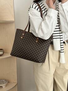 1pc Women Khaki PU Zipper Jacquard Pattern Tote Bag, Large Capacity Minimalist Printed Rivet Design Shoulder Handbag, Versatile - Coffee Brown - View 3