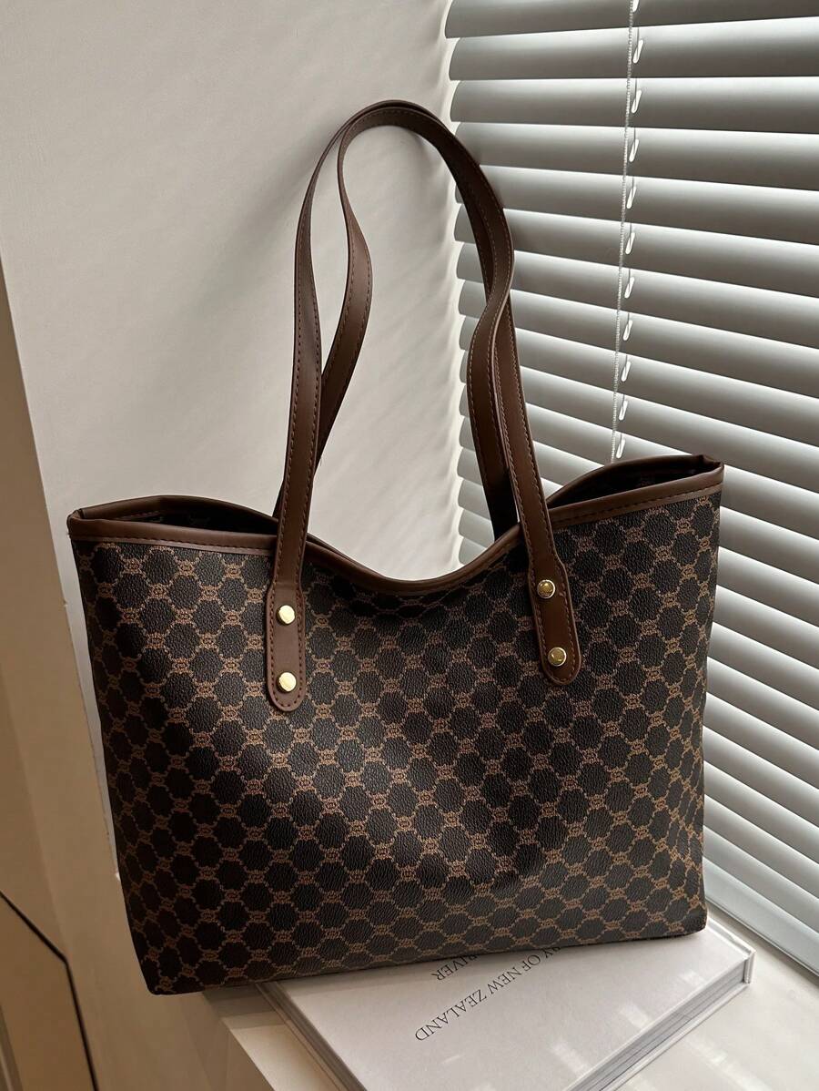 1pc Women Khaki PU Zipper Jacquard Pattern Tote Bag, Large Capacity Minimalist Printed Rivet Design Shoulder Handbag, Versatile - Coffee Brown - View 1