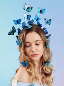 1个塑料蝴蝶发箍发饰，女士帝王蝶茶会头饰，服装（蝴蝶图案随机），万圣节 - 藍色 - 查看 2
