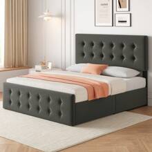 CuisinSmart Queen Size Bed Frame With Headboard,Linen Upholstered Platform Bed Frame With 4 Storage Drawers,Button Tufted Style,No Box Spring Needed - Light Grey - View 7