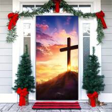 1pc Easter Celebration Hanging Banner, Polyester Religious Decorations With Cross And Holy Light Design, All-Purpose, Electricity-Free, Suitable For Home And Church, Party Decor