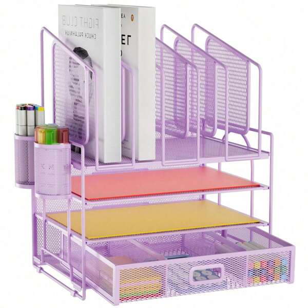Desk Organizers, 4-Tier Mesh Desk File Organizer With 5 Vertical File Holders And 2 Pen Holders, Multifunction Desktop Organizer,Desk Organizers And Accessories For Home Office (Purple)