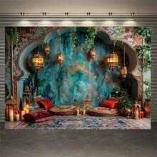 Vintage European Cathedral & Palace Candlelight Scene - Light Blue Polyester Backdrop, Single-Sided Printing, Suitable For Photo Booth, Living Room, Outdoor Decoration, Festivals And Livestream
