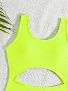 Traje de baño de una pieza con agujeros calados y costillas en color amarillo luminoso para niñas preadolescentes de 8 a 12 años