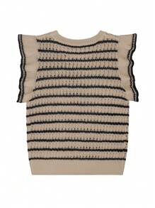 Women's Crochet Striped Knit Vest, Lightweight Round Neck Ruffle Sleeve Top, Nutmeg Color - Multicolor - View 4
