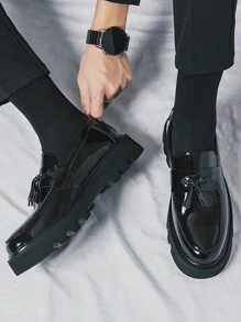 Men's Formal Shoes With Tassel Decor Loafers, Glossy Lightweight Sole, Comfortable - Black - View 5