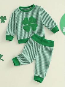 Baby 2 Piece Spring Outfit Long Sleeve Shamrock Embroidery Sweatshirt Striped Pants Set - Green - View 2