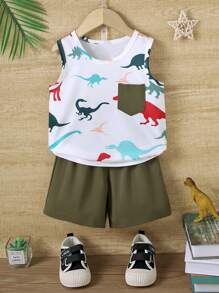 2 Stücke/Set Jungen Dinosaurier Allover-Muster Ärmelloses Top + einfarbige Lässig Shorts Set, Sommer - Verschiedenfarbig - Übersicht 1