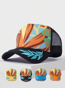 1 pieza Gorra de béisbol para pareja con protección UV, bordado, de poliéster transpirable y con estampado de hojas, de estilo casual - gorra de malla - Ver 1