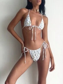 Women's 2 Piece Swimsuits Halter Tie Side Triangle Bikini Set Summer Two Piece Bathing Suits - White - View 2