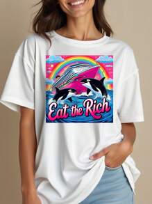 Oversized Style For Women, Eat The Rich Tshirt, Whale Tshirt, 90s Orca Funny Whale Yacht, Eat The Rich Whale V3, 90s Animal Retro Tee, Loose Type Shirt For Women, Perfect For Holiday Parties Or Gift Giving, Soft And Comfortable - 白色 - 查看 2