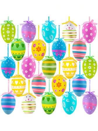 12 st hängande påskgransprydnader, 24 st färgglada plasthängande påskäggsdekorationer, handmålade påskäggsgransprydnader, gör-det-själv-korgpyssel, påskfestgåvor, handgjord hängande grandekoration, påskäggsdekorationer för högtider och fester