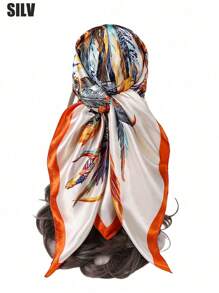 1入組女性羽毛和鏈條印花圍巾，頭巾，方形圍巾，頭巾，頭部包裝，頭部包裝上衣，波希米亞風格頭巾，髮箍，頭帶，時尚配件波希米亞風格頭巾，理想裝飾您的造型 - 寶藍色 - 查看 18