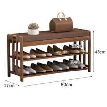 Shoe Storage Bench With Cushion, Solid Wood Entryway Storage Bench, 2 Tier Shoe Bench Entryway Bench With Storage, Shoe Rack For Entryway Hallway Living Room Bedroom - 棕色 - 查看 2