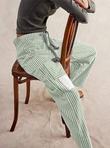 Women Striped Pants, Elastic Waist Drawstring Patchwork Wide Leg Pants Loose Trousers with Pockets - Verde - Ver 5