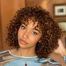 Human Wigs Curly Wig With Bangs Brazilian Virgin Human Hair No Lace Front Wigs Brown Highlight 4/27 Human Wig ,Natural Color - S4/27 - View 3