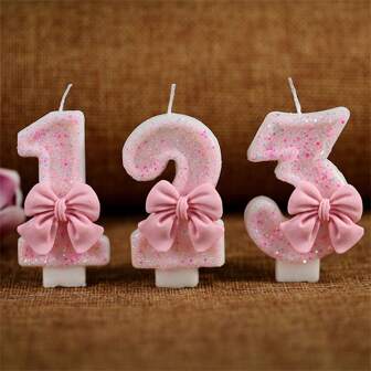 1pc 2.75 Inch Birthday Candle, Suitable For Cake Decoration, Pink Bow Number Candle, Party Wedding Anniversary Decorative Candle