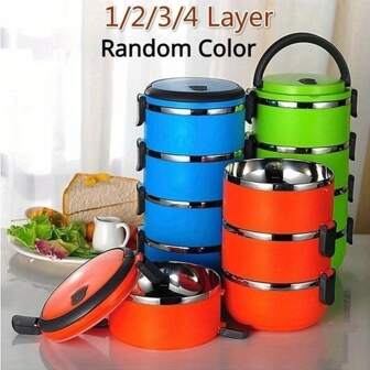 1/2/3/4 Layer Portable Stainless Steel Thermal Insulated Lunch Box Food Container Round Color Random