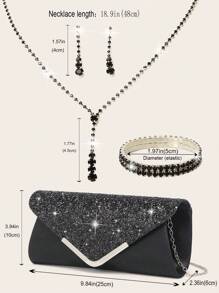 Rhinestone Jewelry Set Sparkling Necklace Earring Bracelet Set Women's Evening Dress Handbag Bride's Wedding Elegant V-Shaped Flip Envelope Handbag Women's Ball Handbag With Detachable Metal Chain Wedding And Party Handbag Wedding Handbag Women's Evening Dress Handbag Wedding Party Bride Handbag - Black - View 9