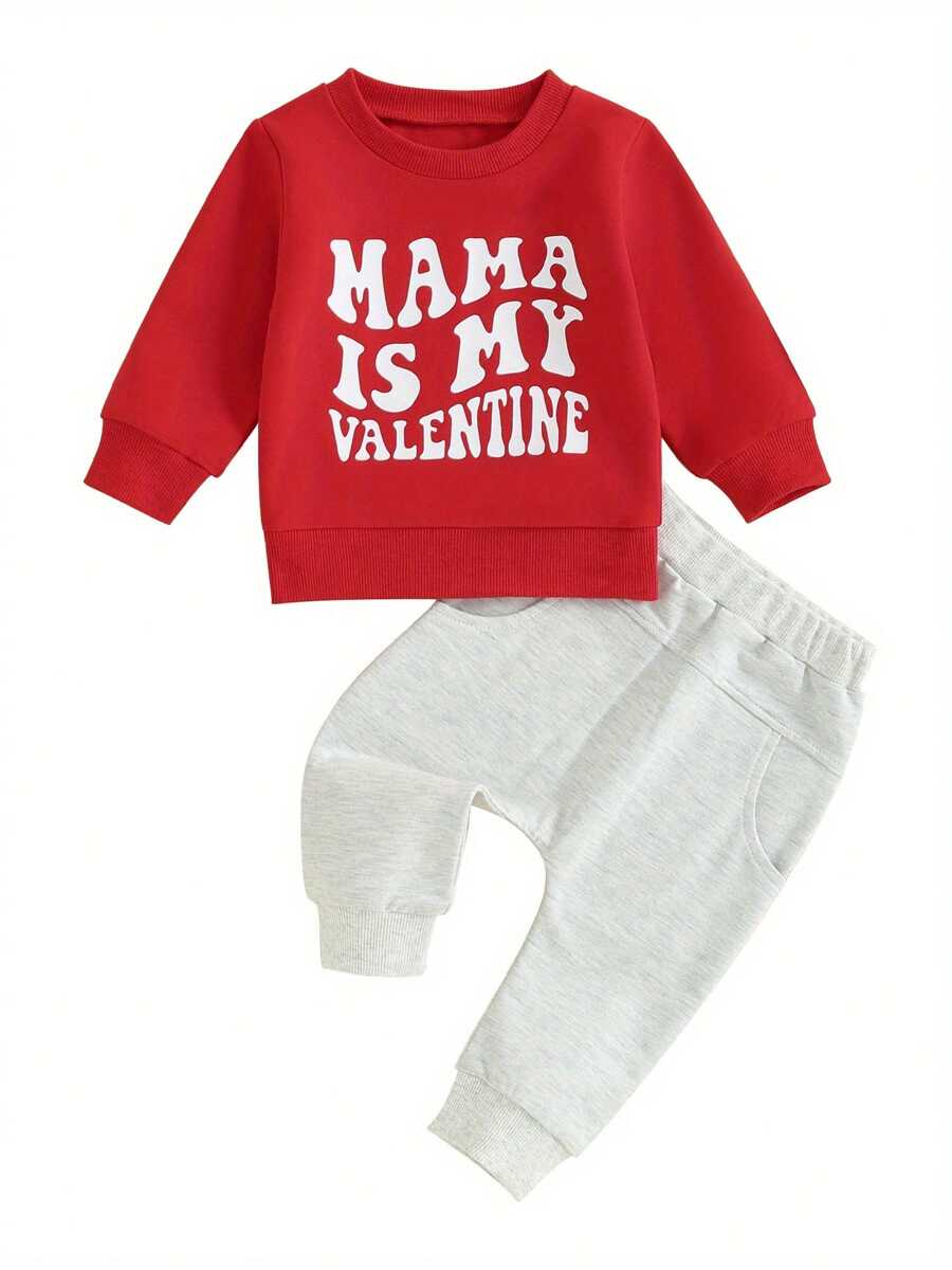 Toddler Baby Boy Valentines Day Outfit Mr. Steal Your Heart Long Sleeve Sweatshirt And Pants Spring Fall Clothes Set - Xám - Xem 1