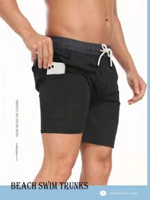 Summer New Fashion Solid Color Men Shorts Polyester Digital Printing Large Size Flat Angle Men Swim Trunks Gym Shorts For Men Soaking In Hot Springs Men's Beach Shorts With Milk Silk Lining - Black - View 2