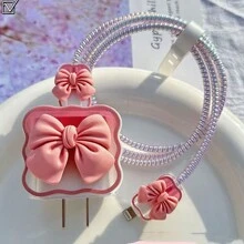 Set de 5 piezas Organizador de cables con lazo rosa de 1,5 m, protector anti-enredo, protector de silicona para adaptador de carga compatible con cable de carga rápida de 20W para iPhone