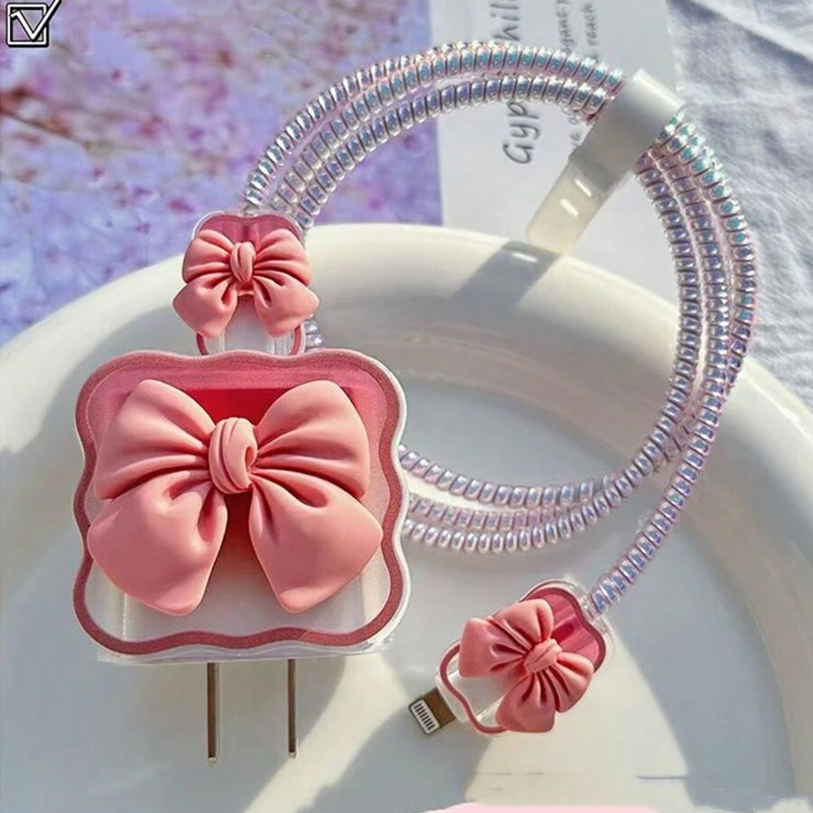 Set de 5 piezas Organizador de cables con lazo rosa de 1,5 m, protector anti-enredo, protector de silicona para adaptador de carga compatible con cable de carga rápida de 20W para iPhone