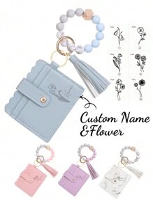 1pc Customizable Name & Birthday Flower Wallet, Keychain, Wristlet Set, Wallet, Women's Wallet And Purse, White Wallet, Pink Wallet, Mother's Day Gift (For Girlfriend/Friend/Mom/Daughter), Personalized Christmas Gift, Customizable Name, Ultra-Thin Credit Card Holder Wallet With Tassel Keychain Bracelet, Unisex, New Year Charm - Multicolor - View 2