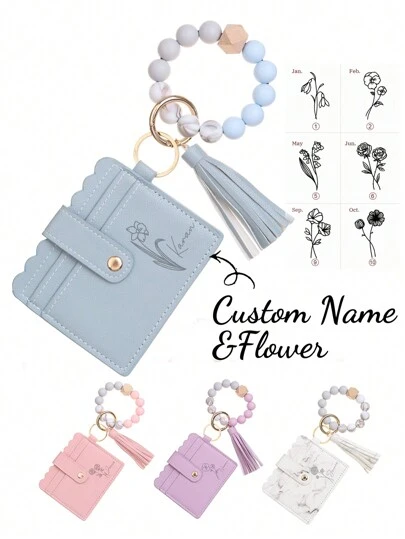1pc Customizable Name & Birthday Flower Wallet, Keychain, Wristlet Set, Wallet, Women's Wallet And Purse, White Wallet, Pink Wallet, Mother's Day Gift (For Girlfriend/Friend/Mom/Daughter), Personalized Christmas Gift, Customizable Name, Ultra-Thin Credit Card Holder Wallet With Tassel Keychain Bracelet, Unisex, New Year Charm