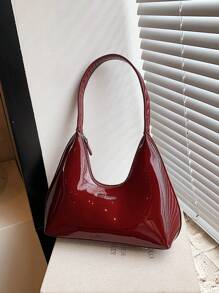 Korean Style Niche Red Lacquer Leather Crescent Shoulder Bag, Ladies Handbag, Stylish Underarm Bag, Good Quality - Burgundy - View 9
