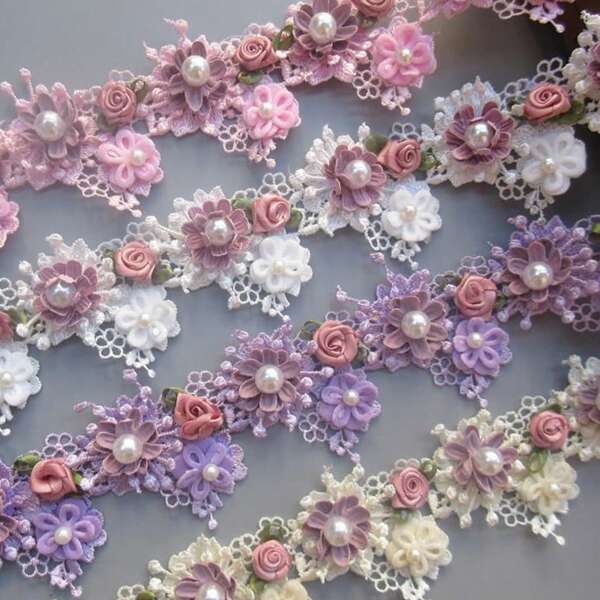 Elegant Vintage Style Apricot Polyester Lace Flower Pearl Beads Ribbon Trim In 5.5 Cm Width For Wedding Decoration