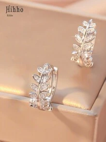 Hihho 1 Pair Elegant Cubic Zirconia Tree Leaf Design Hoop Earrings, Suitable For Women Wedding Anniversary, Engagement, Party, Valentine's Day Jewelry Gift